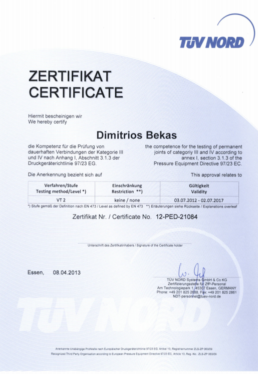 Dimitrios Bekas' Certificate